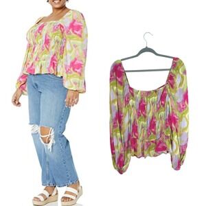 NWOT The Drop Women Smocked Boho Western Gauze Blouse Pink Multi XL Square Neck